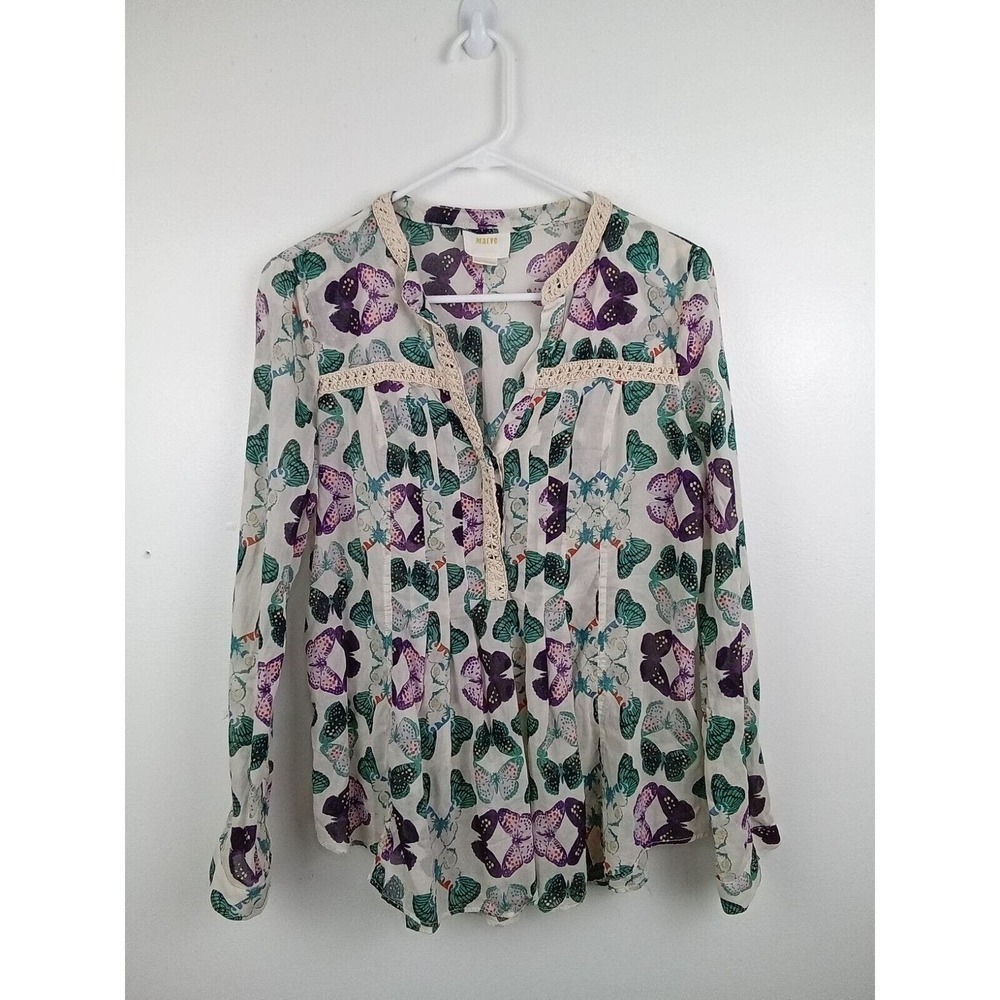 MAEVE Anthropologie Abella Top Pintuck Butterfly Blouse Crochet Trim Size 4